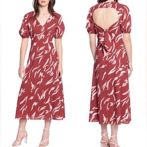 Donna Morgan Red White Orange Open Back Puff sleeves Casual Midi Long Dress